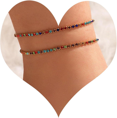 Boho Layered Tennis Ankle Bracelets Colorful Rhinestone Tennis Chain Anklets Dainty Rainbow CZ Diamond Anklet Beach Crystal Chain Anklet Foot Jewe...