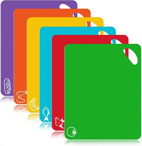 Cutting Board Mats Set, Extra Thick Flexible Plastic Kitchen Chopping Board, Colored Mats with Food Icons & Easy-Grip Handles, Dishwasher Safe, Se...