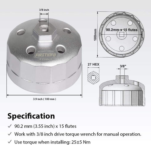 FIRSTINFO F3546LR 3/8" Drive 90.2mm 15 Flutes Oil Filter Wrench, Compatible with Land Rover & Jaguar - Fits 3.0L & 5.0L Gas Engines...