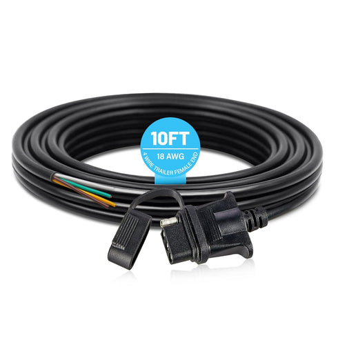 Vehicle-side 4 Pin Trailer Wire Connector 10 Feet Heavy Duty 18AWG 4 Way Flat Female Trailer Wiring Harness Towing Replacement 4 Prong Trailer Lig...