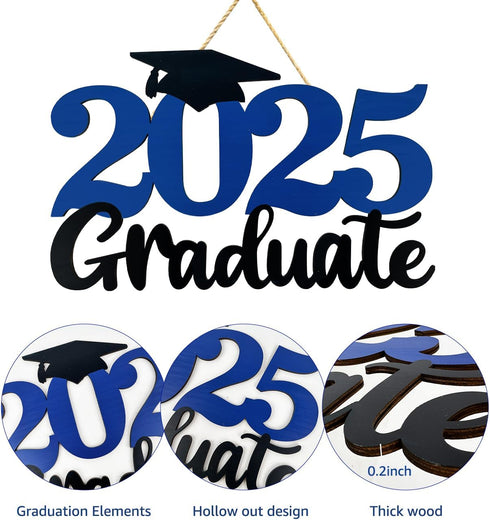 2025 Graduation Party Decorations Wooden Sign Blue Class of 2025 Photo Booth Props 2025 Graduation Picture Props for 2025 Graduation Party Supplie...
