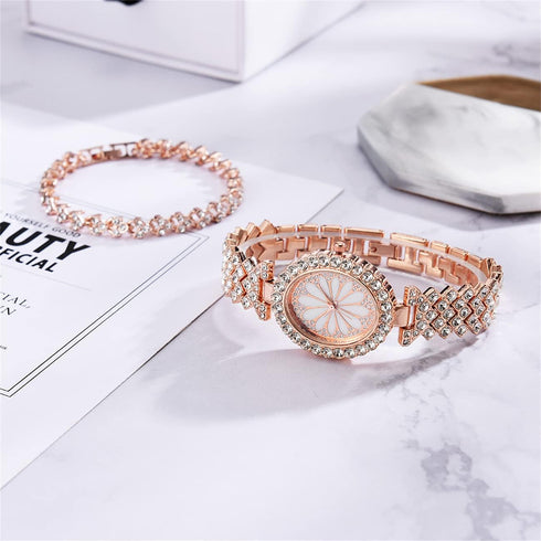 CdyBox Women Luxury Crystal Bracelet Watch Oval Dial Analog Quartz Wristwatch Girls Bangle Jewelry Watches Set (Rose gold)...