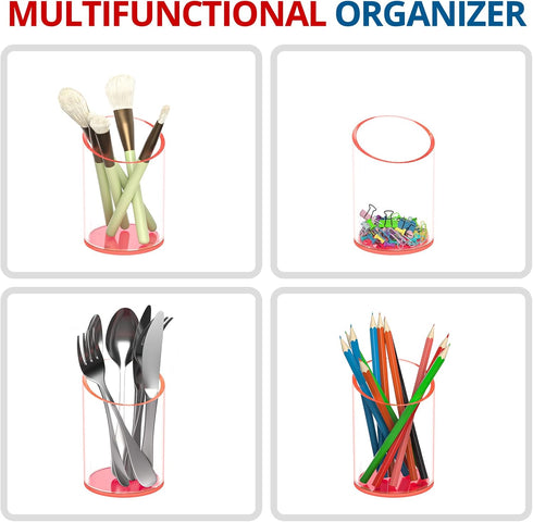 Pen Holder for Desk Organizer, Acrylic Makeup Brush Organizer Sanitizer Holder Pen and Pencil Holder for Office, Home, School, Neon Pink...