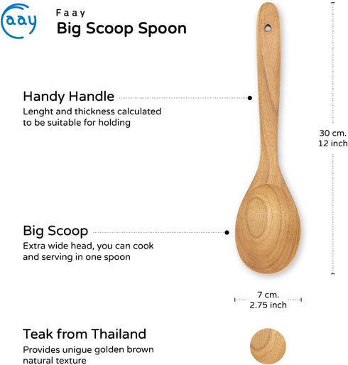 FAAY 12" Big Scoop Spoon, Wide Head, Easy for Cooking and Serving. Handcraft from High Moist Resistance Golden Teak Wood | Durable, Healthy, Ergon...