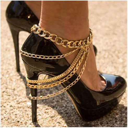 Punk Layered Anklets Gold Tassel Ankle Chain High heels Chain Bar NightClub Party Foot Chains Jewelry for Women and Girls(Pack of 1)...