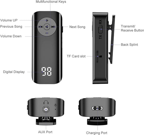 JXTZ Bluetooth Transmitter Receiver, Protable Bluetooth 5.3 Audio Adapter with TF Card Support, 3.5mm Aux Bluetooth Adapter for Car with Hands-Fre...