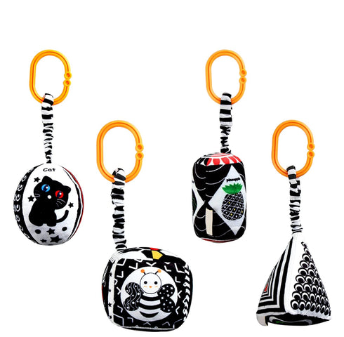 KAKIBLIN Baby Hanging Rattle Toys, 4 Pack Car Seat Stroller Toys Soft Squeaky Toys for Baby 0-6 Months Newborn Infant Car Bed Travel Activity, Whi...