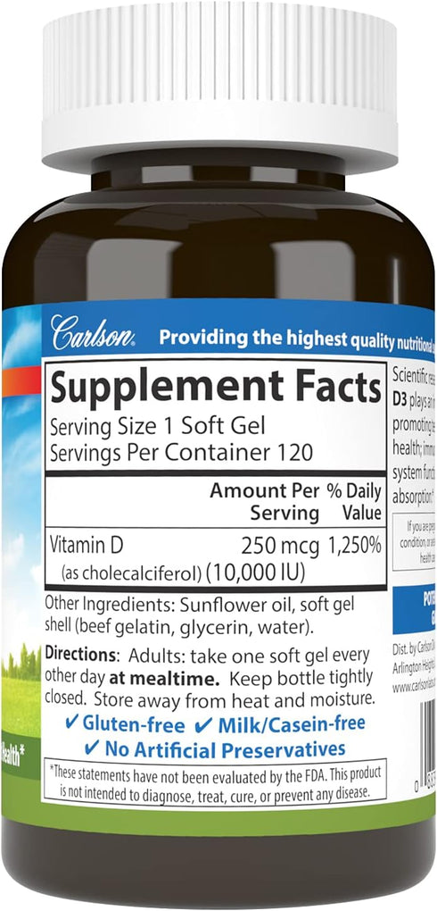 Carlson - Vitamin D3, 10000 IU (250 mcg), Vitamin D Supplements, Bone & Immune Support, Vitamin D3 Softgels, Heart Health, Gluten Free Vitamin D C...
