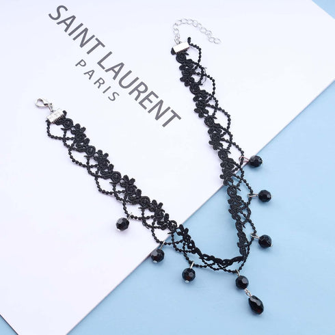 Vintage Black Lace Choker Necklace Black Teardrop Crystal Choker Necklace Gothic Hollow Lace Necklaces 90s Victorian Tattoo Necklace Jewelry for W...