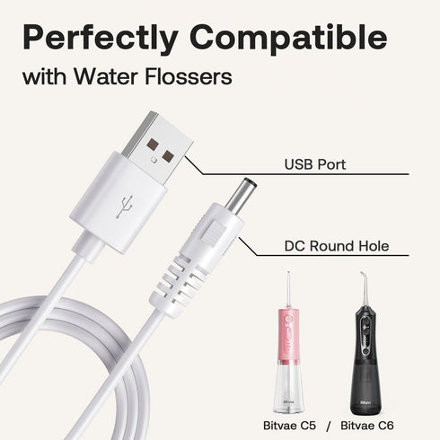 Bitvae Replacement Charger Cable, Fits D2/R1/R2/S2 Electric Toothbrush, C2/C5/C6 Water Dental flosser, USB DC Charging Cord, White......