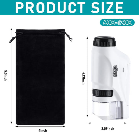 Pocket Microscope 60x-120x Power LED Lighted Pocket Microscope Portable Microscope Handheld Microscope with Black Velvet Pouch for Kids Child Lear...