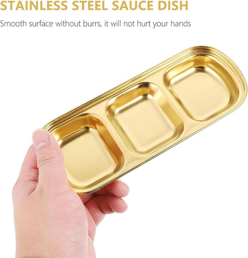 DOITOOL 2Pcs Stainless Steel Dipping Bowls,3 Compartment Appetizer Serving Tray,Soy Sauce Dish Serving Dishes Appetizer Plates for Soy Sauce, Ketc...