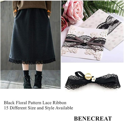 BENECREAT 37.5 Yards 15 Rolls Mixed Black Floral Pattern Fabric Lace Ribbon for Wedding Invitation, Cards, Decorating, Sewing, Hair Bow Making, Gi...