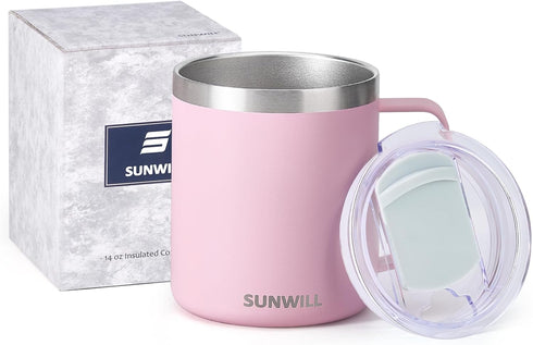 SUNWILL Insulated Coffee Mug with Lid, Travel Tumbler Reusable, 14 oz Stainless Steel Cup for Camping, Office, Home, Powder Coated Sakura...