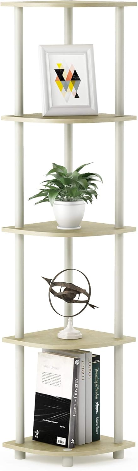 Furinno Turn-N-Tube 5 Tier Corner Display Rack Multipurpose Shelving Unit, 1-Pack, Cream Faux Marble/White...