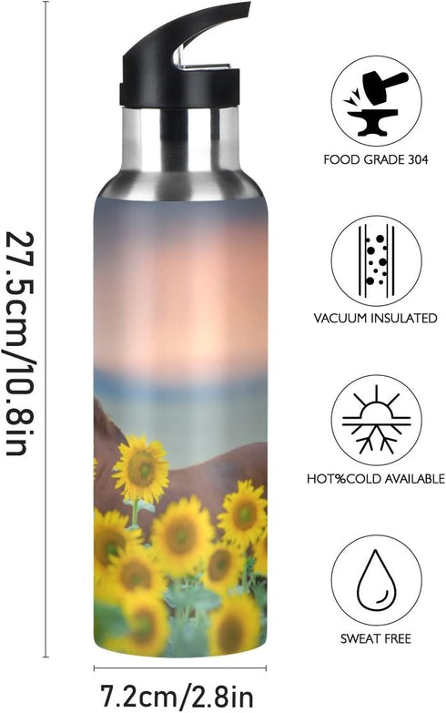 ALAZA Sunflower Horse Water Bottle with Straw Lid Kids Vacuum Insulated Stainless Steel BPA Free Water Flask Thermo Mug Sport, 20 Oz Hot Cold...