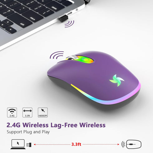 HZD LED Wireless Mouse, Slim Silent Rechargeable Mouse, 2.4G Portable USB Optical Mouse with Type C Adapter, 3 Adjustable DPI Levels 1600/1200/800...