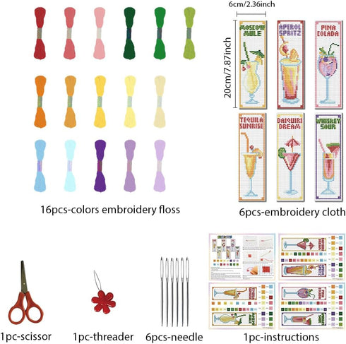 FREEBLOSS 22 * 8cm 6 Set Cross Stitch Bookmark Kits Plaid Cocktail Cross Stitch Patterns DIY Bookmarks Cross Stitch Kits Stamped Embroidery Bookma...