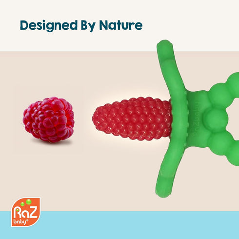 RaZbaby RaZberry Plus Baby Teether – Easy-to-Hold Toy for Front & Back Teething Relief, BerryBumps Texture for Sensory Development, Soothes Sore G...