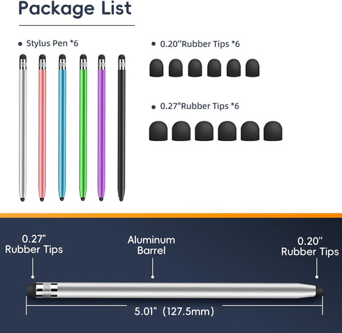 6 Pcs Stylus Pens for Touch Screens, 2 in 1 High Sensitivity Capacitive Stylus Pencils with 12 Extra Replaceable Rubber Tips for iPad iPhone Andro...