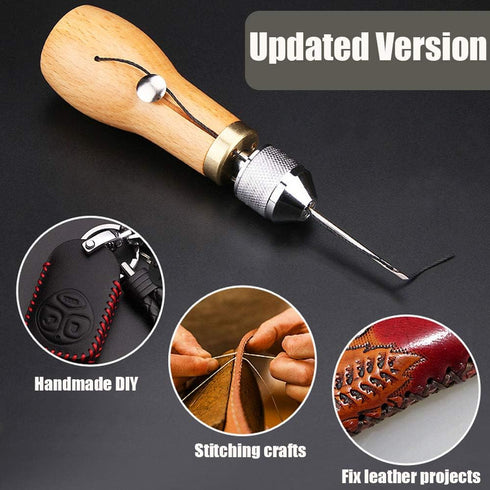 12 Pieces Portable Sewing Awl Kit,Stitching Awl Hand Stitcher Repair Tool Kit for Leather, Heavy Fabrics and Canvas with Needles(Straight and Curv...