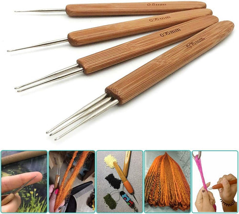 4pc Dreadlock Crochet Needle Hook for Hair Tool 0.75 0.5mm Crochet Hooks Needle for Hair Dreadlocks Bamboo Handle Weaving Needles Steel Crochet Ho...