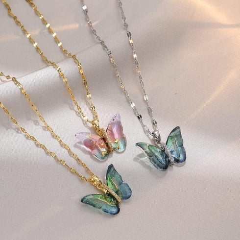Butterfly Necklace for Women - Fairy Cubic Zirconia Butterfly Pendant Necklaces Titanium Steel (Gold Pink)...