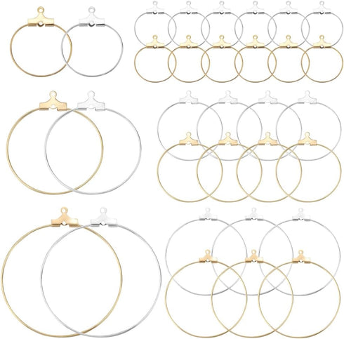 1 Box 60Pcs 6 Styles Round Beading Hoop Earrings Beaded Earring Making Hoops Gold Silver Brass Hoop Earring Findings for Jewelry Making Supplies D...