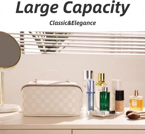 Large Capacity Brown Checkered Makeup Bags Portable Travel Cosmetic Bags Open-Flat Toiletry Bag for Women Girls Make Up Organizer with Divider Pou...