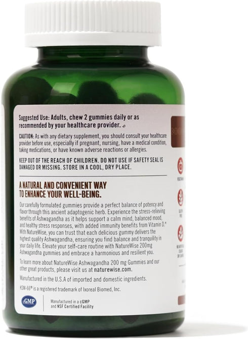 NatureWise Ashwagandha Gummies - Strawberry Kiwi - KSM-66 Ashwagandha with Vitamin D3 - Calming Support - Vegetarian Gummies - Non-GMO, Gelatin Fr...