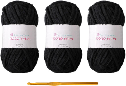 Soft Chenille for Knitted Blankets,amigurumi Crochet, Fancy Crochet DIY Crafts, Baby Blankets,Knitted Crafts and Toy Dolls.?19-Black,with 1 Croche...
