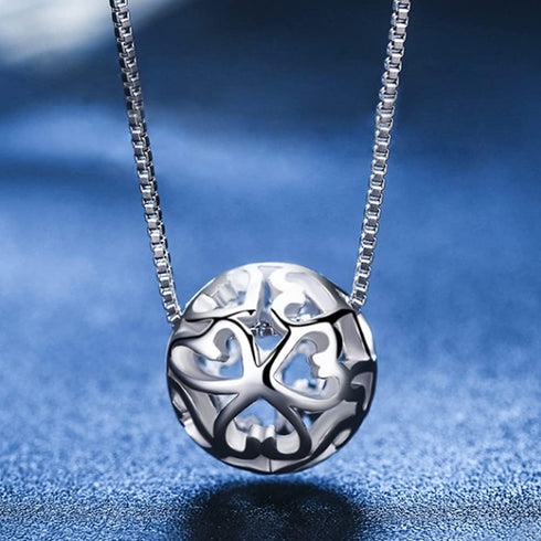 Women 925 Sterling Silver Necklace - Pattern Hollow Ball Pendant Choker- Charm Box Chain 17" - Italian Silver Fine Jewelry Gift...