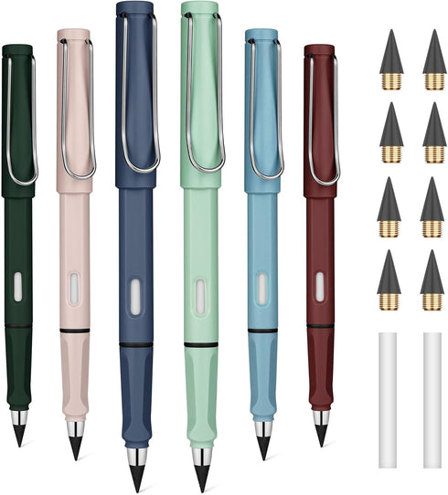 Infinity Pencil,6PCS Inkless Pencil Inkless Magic Pencil with Extra 2 Eraser Reusable Everlasting Pencil with 8 Replaceable Nibs for Writing Drawi...