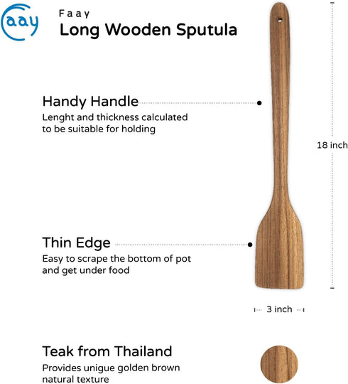 FAAY 18" Teak Long Wooden Spatula, Heavy Duty Stir Paddle for Cooking in Big Pot, Canning, Handcrafted from High Moist Resistance Teak, Wooden Spo...