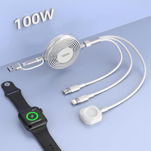 100W Multi Charging Cable for Apple Watch Charger, iPhone 15 Retractable Charging Cable with Type C 100W+IP 27W+iWatch Charger Retractable Phone C...