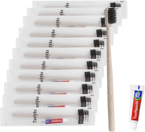 Tuciyke Disposable Toothbrush with Toothpaste Set Pack of 25,Straw Apricot Individually Wrapped Manual Travel Toothbrush Kit in Bulk Toiletries fo...