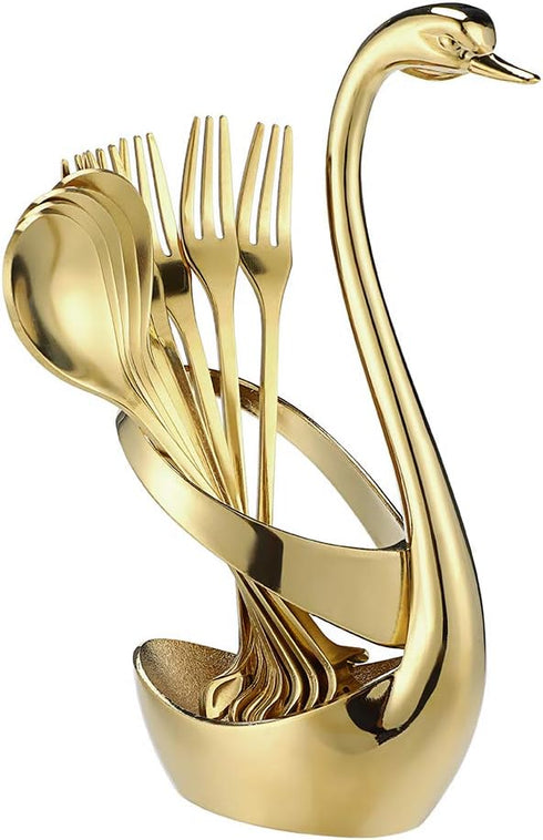 AnSaw Gold Swan Base Holder Set with 10 Pcs 4.7" Mini Leaf Teaspoons & Dessert Forks - Perfect for Appetizers,Salads,Cakes,Fruits,Cocktails,Tea,Es...