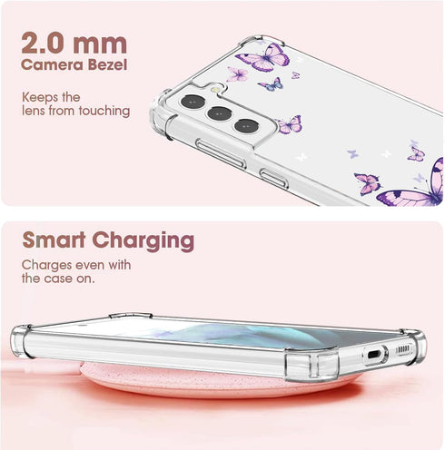 for Samsung Galaxy S21 FE Case,Alluring Purple Butterfly Pattern Anti Yellowing Slim Hard Cases,Hard PC + TPU Bumper Clear Shockproof Protective W...