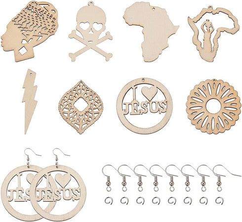 Beadthoven DIY African Wooden Dangle Earring Making Kits 8 Styles Africa Map Women Lady Wood Filigree Pendants Wooden Earrings Blanks with Earring...