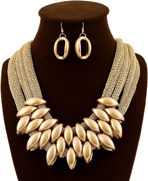 African Bib Choker Necklaces Earring Sets Chunky Tribal Style Statement Necklace African Layered Collar Necklace for Women - Gold...