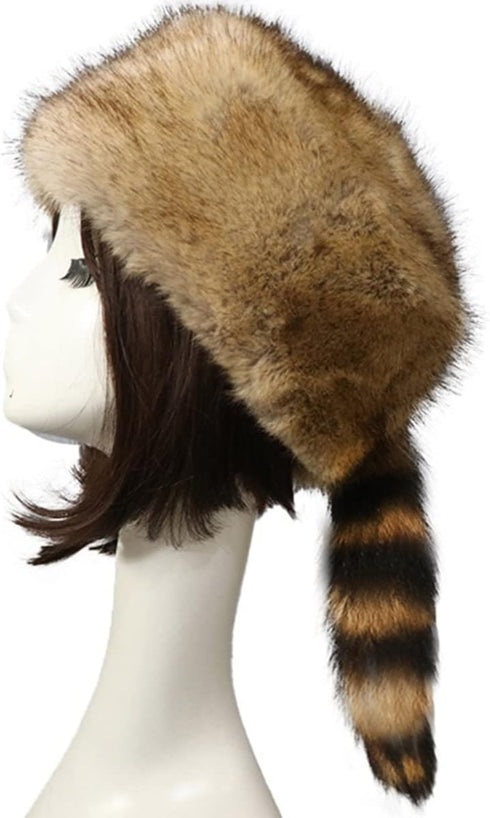 Faux Raccoon Tail Hat Novelty Winter Warm Fur Cossak Russian Style Skull Cap Brown...