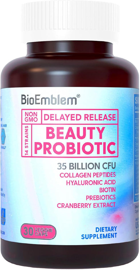 BioEmblem Beauty Probiotics for Women, 35 Billion CFU 14 Strains with Biotin, Collagen, Prebiotics for Digestive Health, Hair Skin and Nails, Vagi...