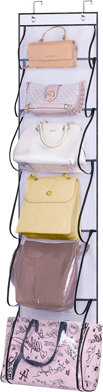 MISSLO 6 Clear Pockets Over Door Organizer for Handbags, Caps, Accessories (White)...