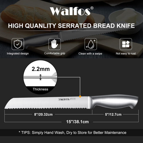 Walfos Bread Knife with Sheath, Serrated Bread Knife with Upgraded Stainless Steel, Ultra-Sharp, 8-Inch Blade, Bread Slice Knife for Slicing Homem...