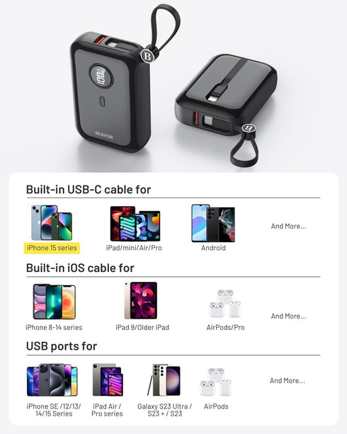 BLAVOR Portable Charger 10000mAh PD 20W Power Bank for iPhone, USB C in/Output Fast Charging,Smallest Battery Pack Charger with Built in Cable for...
