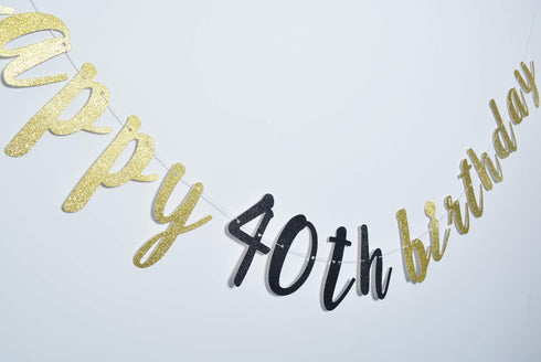 Happy 40th Birthday Banner for 40th Birthday Party Pre-Strung Decorations (Gold & Black Glitter)...