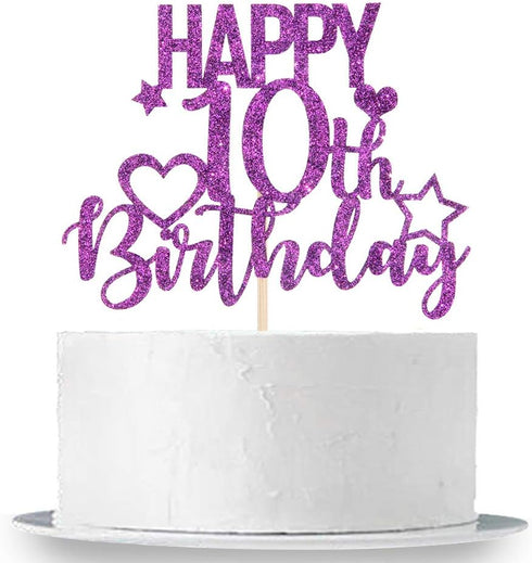 Purple Glitter Happy 10th Birthday Cake Topper for Cheers to 10 Years - Children's Birthday Party Cake Decorations...
