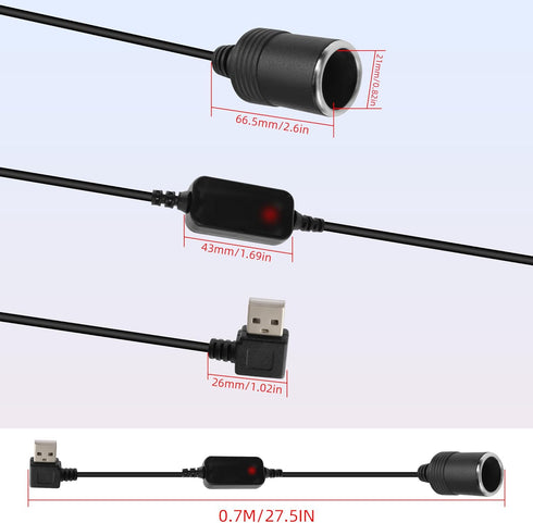 GELRHONR Right Angle USB to Cigarette Lighter Adapter, 5V USB A Plug to 12V Cigarette Lighter Socket Female Converter Adapter Cord for GPS, Dash c...