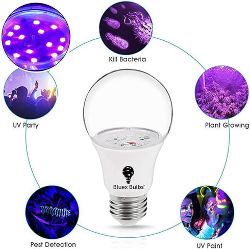 Bluex Bulbs 2 Pack LED Black Light Bulb, 9W A19 E26 Blacklight Bulb Level 385-400nm, Body Paint, Glow in The Dark LED Light Bulb Neon Glow Fluores...