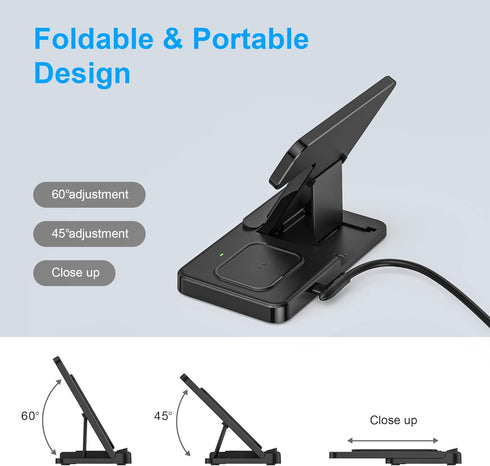 3 in 1 Wireless Foldable Charging Station,Folding Fast Charger Dock Stand for Apple iPhone 14/13/12/11/Pro/Max/XS/XR/X/Plus/Apple Watch 7/6/5/4/3/...